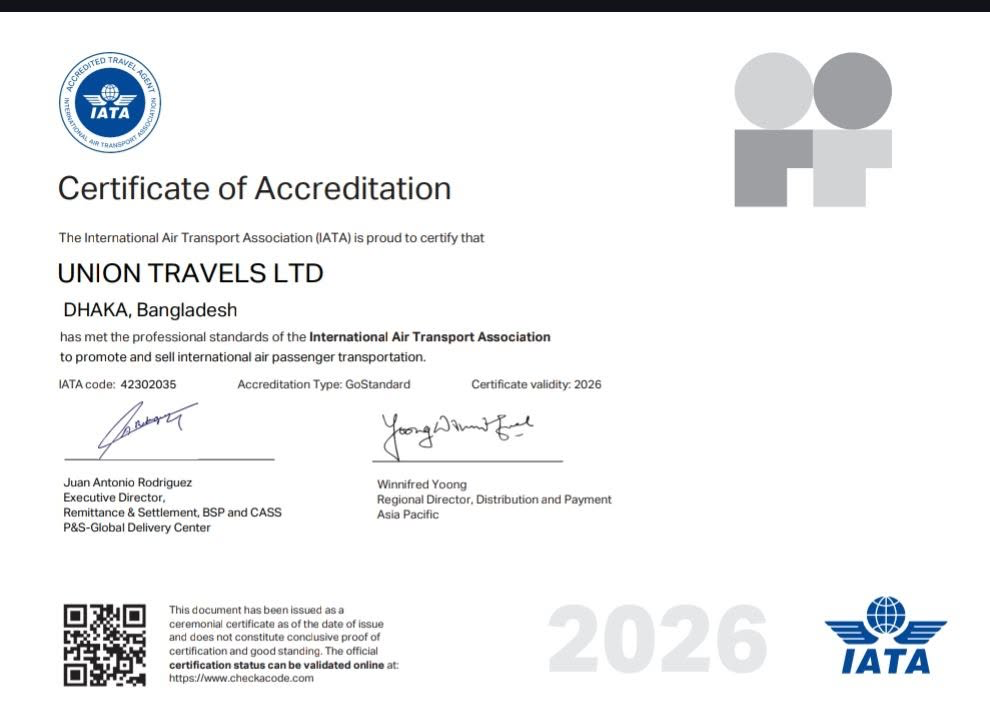 IATA Certificate of Accreditation issued to Union Travels Ltd, Dhaka, Bangladesh